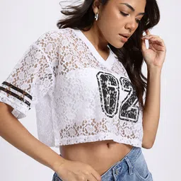 glitchez Varsity Vibes Printed Lacy Sheer Crop Boxy Top-picture-17