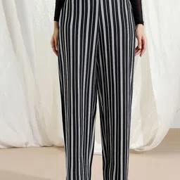 Selvia Women Striped Monochrome Relaxed Straight Leg Easy Wash Parallel Trousers-image-62