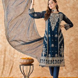 SAINOOR Embroidered Stones & Beads Work Silk Georgette Unstitched Dress Material-image-11