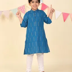 Fabindia Boys Geometric Printed Band Collar Roll-Up Sleeves Cotton Straight Kurta-23