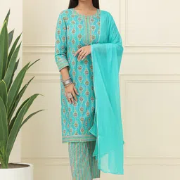BAESD Floral Printed Gotta Patti Work Pure Cotton Straight Kurta With Trouser & Dupatta-image-94