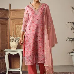 AVANSHEE Floral Printed V-Neck Sequinned Organza Straight Kurta With Trousers & Dupatta-27