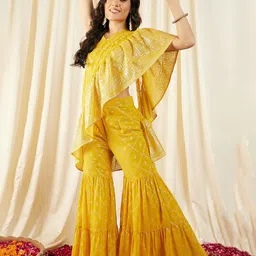 MABISH by Sonal Jain Printed Crop Top & Sharara With Frilled Dupatta-image-12