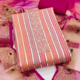 Peachmode Striped Beads and Stones Pure Cotton Unstitched Dress Material-image-96