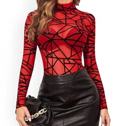 For You For Me Geometric Self Design High Neck Sheer Mesh Bodysuit-97