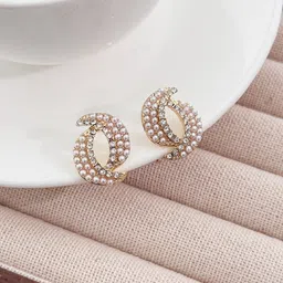 KRENOZ Gold-Plated Crystals Studded & Pearls Beaded Contemporary Stud-17
