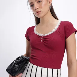 glitchez Chic & Fitted Lace Insert Ribbed Top-image-92