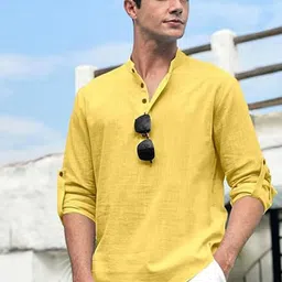 EdinWolf Men India Slim Fit Band Collar Solid Cotton Casual Shirt-image-48
