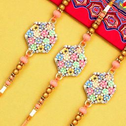 ADIVA Set Of 3 Cubic Zirconia Studded & Beaded Rakhi With Pooja Thali Roli Chawal-image-39
