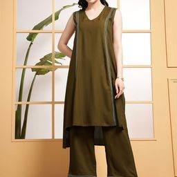 DEEBACO Striped V Neck High Low Tunic With Trousers Co-Ords-image-32
