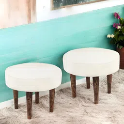 Ikiriya Set of 2 White Wooden Round Stools with Jaquard Work Upholstery-13