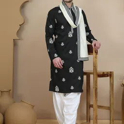Jompers Men Floral Embroidered Regular Chikankari Kurta with Salwar & With Dupatta-image-28