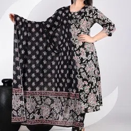 k d fab Floral Printed V-Neck Pure Cotton A-Line Kurta With Trousers & Dupatta-image-82