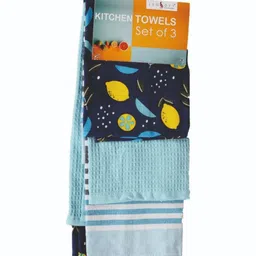 LEOSOFT 3Pcs White & Blue Printed Cotton Kitchen Towels-15