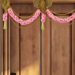 THE HOME CO. Pink & Yellow Ganesha Garland With Gold Leaf And Pearl Beaded Toran-25