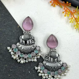 NAMAN ARTS Silver-Plated Stones Studded & Beaded Oxidised Animal Shaped Drop Earrings-picture-27