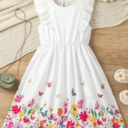 White World Girls Floral Print Fit & Flare Midi Dress-image-83