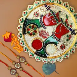 Anouk Set Of 3 Stones Studded Floral Rakhi with Card & Roli Rice Pooja Thali-11