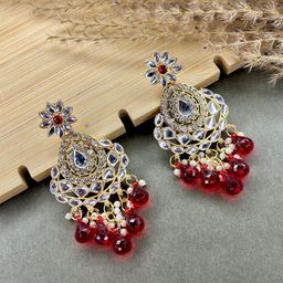 Glamgem Gold-Plated Artificial Stones Studded And Beaded Teardrop Shaped Drop Earrings-image-98