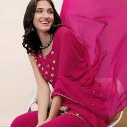 PARROT CREATION Geometric Embroidered Georgette Straight Kurti With Palazzo & Dupatta image 2
