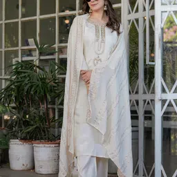 KALINI Women Ethnic Motifs Embroidered Regular Chanderi Silk Kurta with Trousers & With Dupatta-picture-13