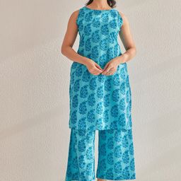 TARA-C-TARA Floral Block Printed Sleeveless Pure Cotton Tunic With Palazzo-4