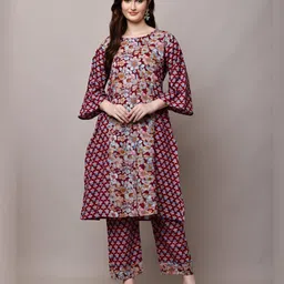 DREAM X FASHION Women Floral Printed A-Line Kurta with Trousers-picture-28