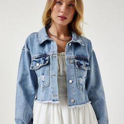 Happiness istanbul Women Spread Collar Solid Cotton Casual Denim Jacket-image-42