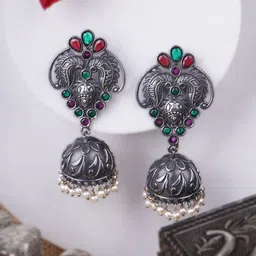 Sangria Red Silver-Plated Artificial Stones Studded And Pearls Beaded Dome Shaped Jhumkas-83