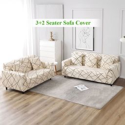 HOKIPO Beige Abstract Line Print 5 Seater Fully Covered Stretchable Sofa Cover-image-21