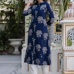 Pistaa Floral Printed Mandarin Collar Pure Cotton A-Line Kurta with Trouser-53