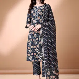 Anouk Floral Printed Regular Pure Cotton Straight Kurta with Trousers & Dupatta-17