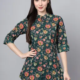 BAESD Floral Print Mandarin Collar Roll-Up Sleeves Ethnic Cotton Top-image-69