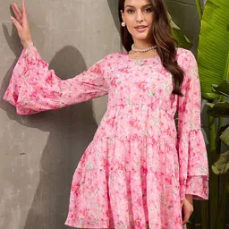 SASSAFRAS Floral Print Bell Sleeve Georgette Fit & Flare Dress-image-3