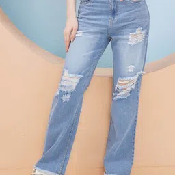 PUELLA Women Flared High-Rise Highly Distressed Light Fade Jeans-image-61