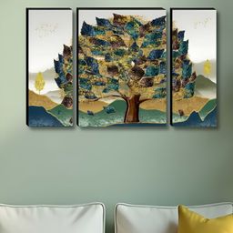 Aura Blue & Gold-Toned 3 Pieces Tree Wall Paintings-image-89