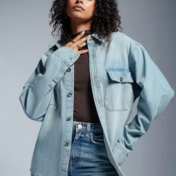 FREAKINS Women Washed Denim Jacket with Patchwork-image-88