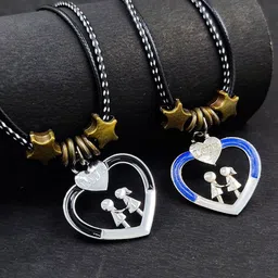 Saizen Unisex Set Of 2 Rhodium-Plated Stainless Steel Heart Shaped Pendants With Chains-picture-5