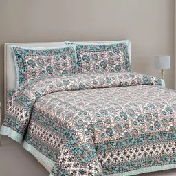 CLOTHOLOGY Sea Green & White Floral 180 TC King Bedsheet with 2 Pillow Covers-image-87