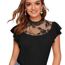 SHOPONBIT Women Solid Lace Inserts Round Neck Top-image-98