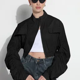 SHOWOFF Women Stand Collar Solid Lightweight Casual Bomber-20