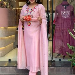 Anouk Geometric Yoke Design Mirror Work Chanderi Silk A-Line Kurta With Trouser & Dupatta image 5