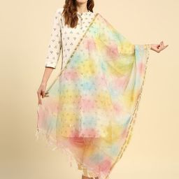 Dupatta Bazaar Cream-Coloured & Pink Printed Tie and Dye Rainbow Hued Dupatta image 1