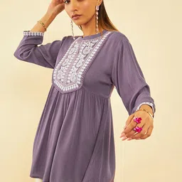 Soch Purple Floral Embroidered Mandarin Collar Crepe Tunic-image-82