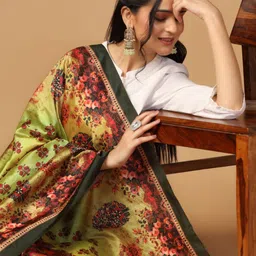 Kaizen TEXO FAB Floral Printed Block Print Tasselled Silk Dupatta with Thread Work-10