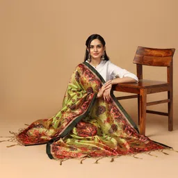 Kaizen TEXO FAB Floral Printed Block Print Tasselled Silk Dupatta with Thread Work image 5