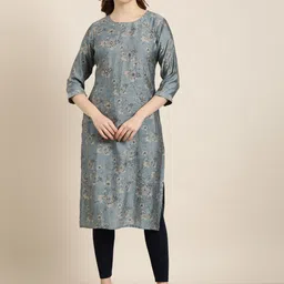 SHOWOFF Floral Printed Three-Quarter Sleeves Foil Print Sequinned Kurta-image-38