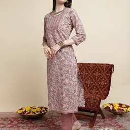 Vastramyaa Floral Printed Round Neck Cotton Straight Kurta With Trousers & Dupatta-41