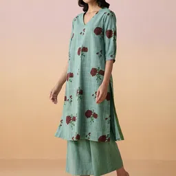Dressfolk Teal Tunic Set In Mulmul With Floral Hand-Block Print Co-Ords image 2