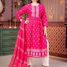 Sangria Girls Floral Printed ROund Neck A-Line Kurta & Trousers & Dupatta-image-128